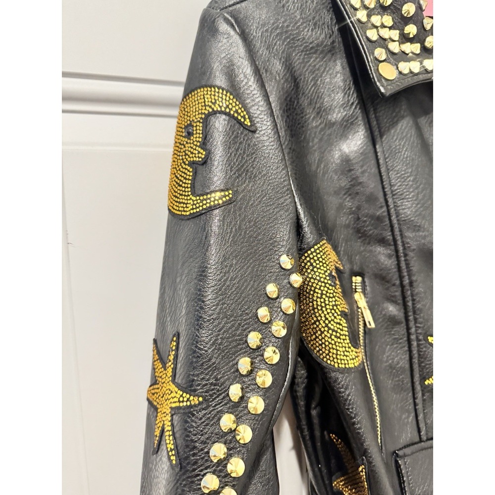 Azalea Wang Women's Black Studded Celestial Moto Jacket M Cropped Moon Stars M - Picture 4 of 15
